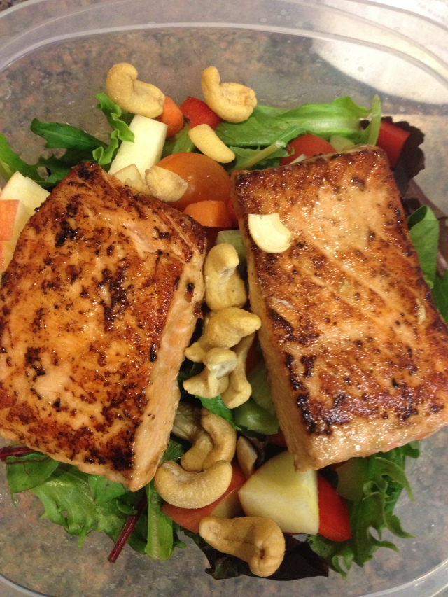 I made all four fillets so Dave and I could have a nice hearty lunch- salmon over a salad on our big workout day.