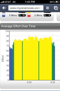 Here's what a Kickboxing class looks like on the MyZone system.  Blue to Green to Yellow is least to most effort exerted.  Great workout, right?