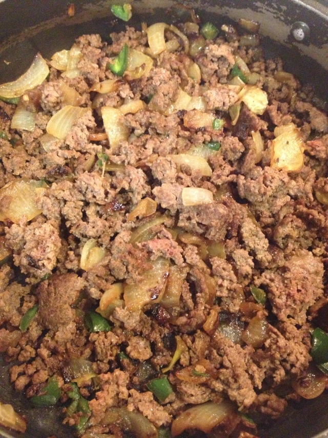 Ground beef is sauteed and chopped up with the onion, garlic, jalapeno with salt and pepper.